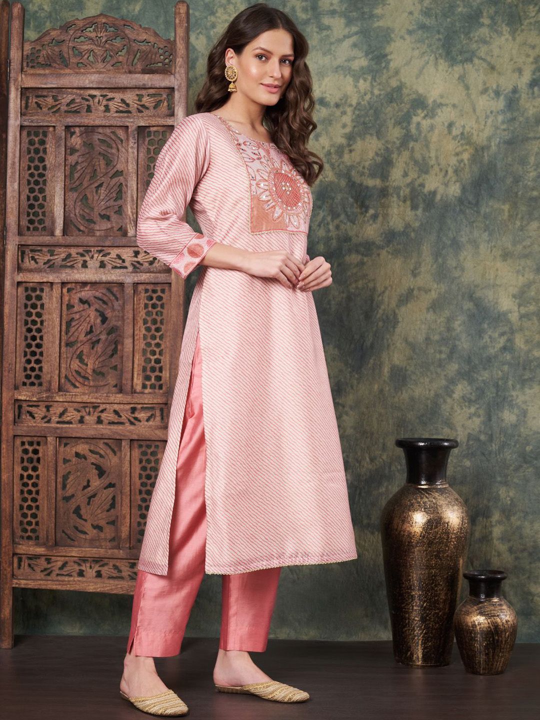 Label Khoj Women's Peach Chanderi Embroidered Kurta with Pant and Peach Dupatta