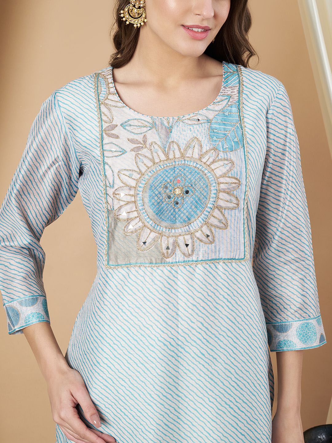 Label Khoj Women's Firoji Chanderi Embroidered Kurta with Pant and Firoji Dupatta