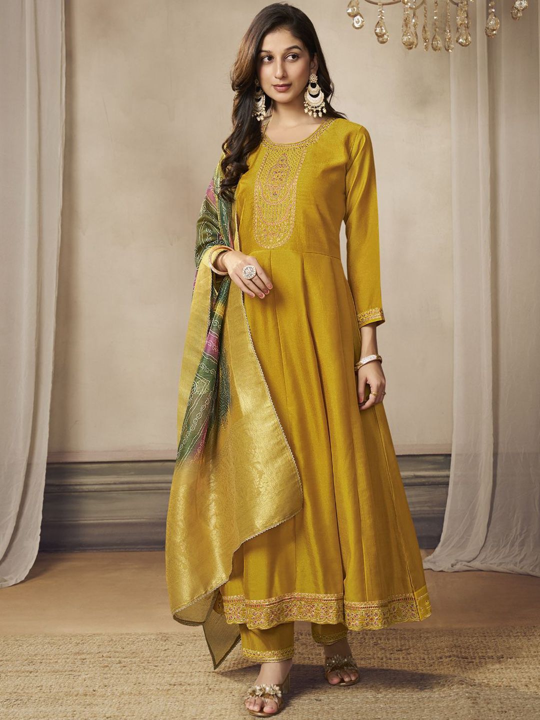 Label khoj Beautiful Anarkali kurta With Pant and Dupatta Set mustard  Color