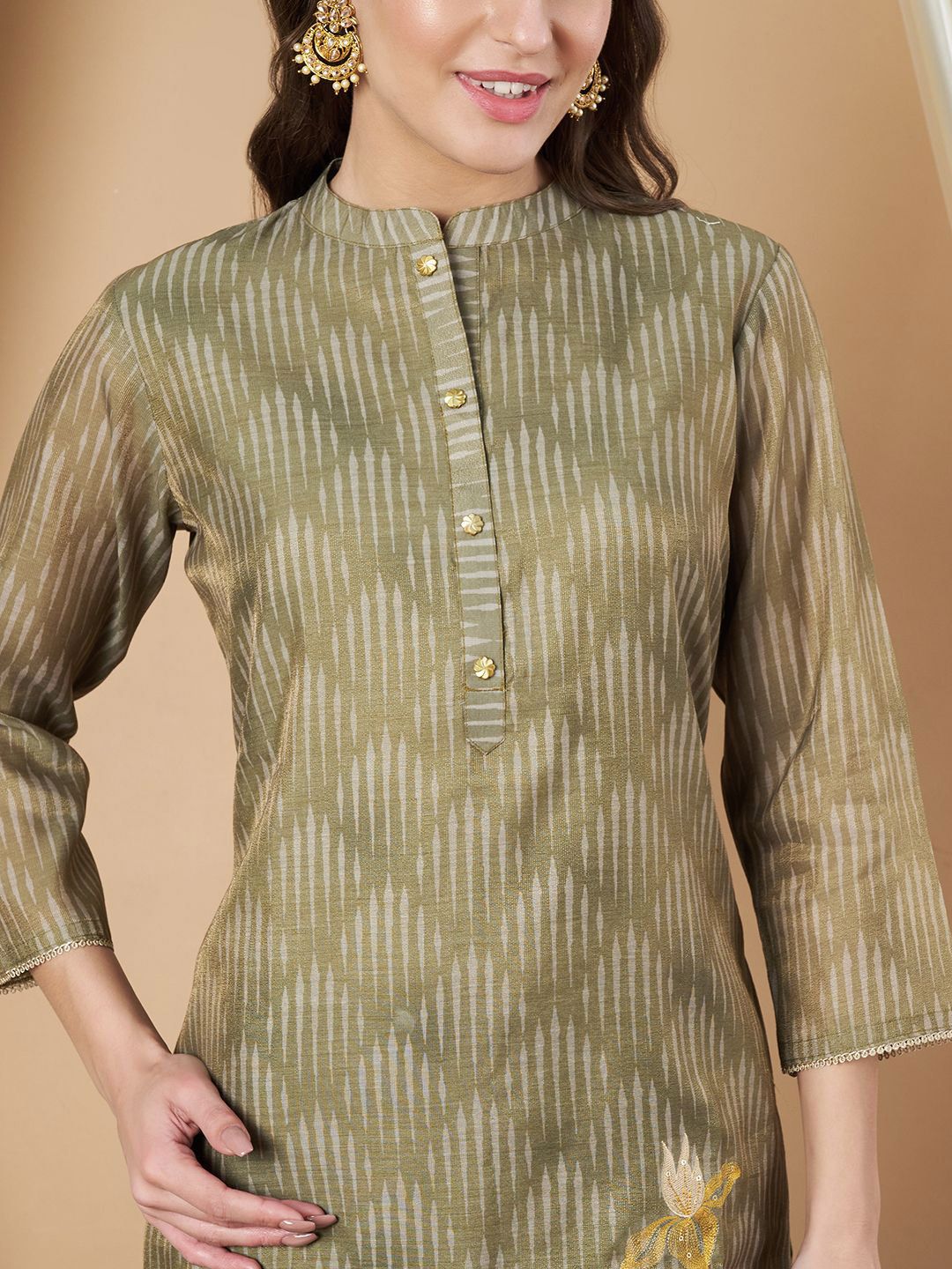 Label Khoj Women's Green Chanderi Button Embellished Kurta with Pant and Green Dupatta