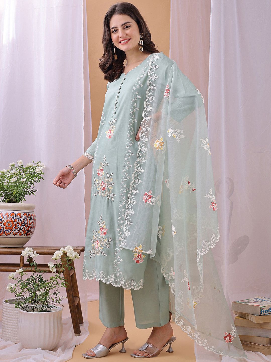 Label Khoj Women's Pista Silk Blend Thread Work Kurta with Pant and Pista Dupatta
