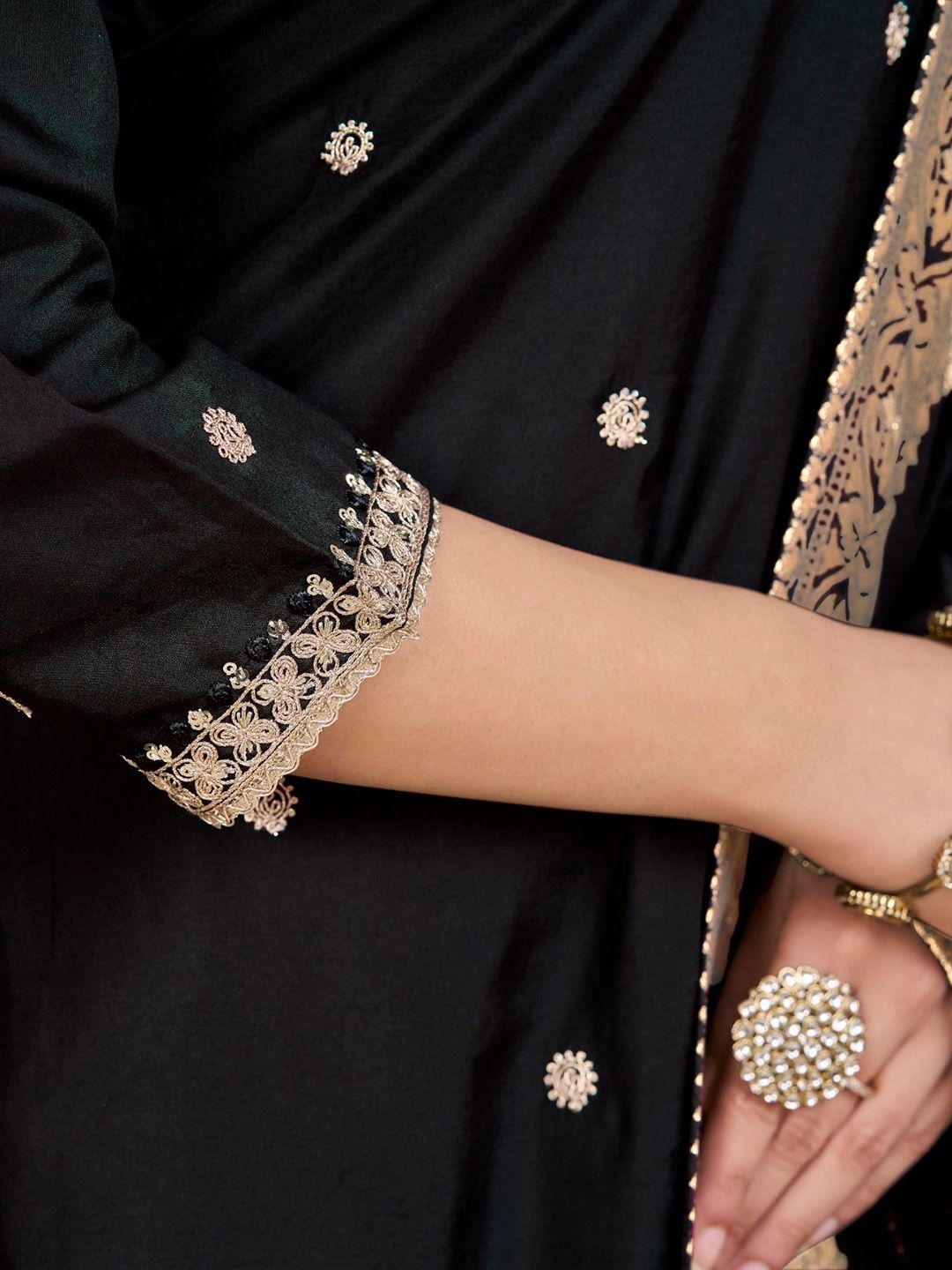 Label Khoj Women Roman Silk Embroidery  Work Black Color Kurta & Bottom With Dupatta  Set