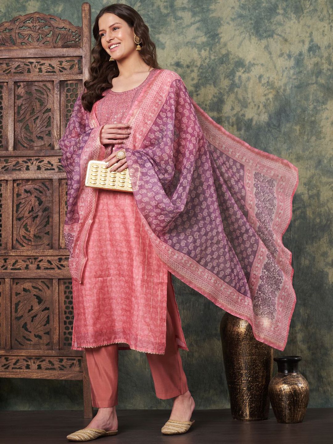 Label Khoj Women's Peach Chanderi Embroidered Kurta with Pant and Peach Dupatta