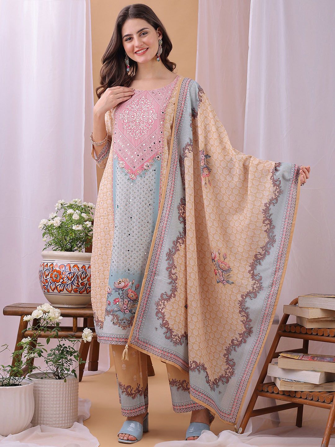 Label Khoj Women's Peach Silk Blend Handwork Kurta with Pant and Peach Dupatta