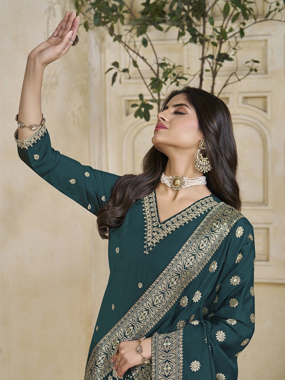 Label Khoj Women Roman Silk Embroidery  Work Firoji Color Kurta & Bottom With Dupatta  Set