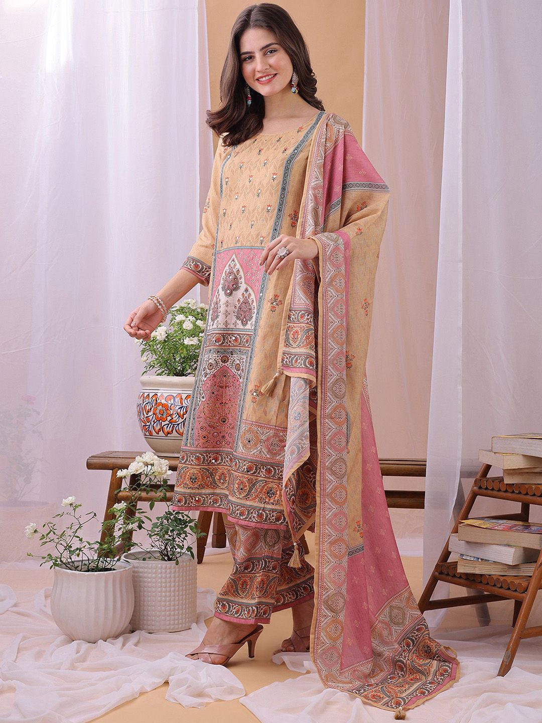 Label Khoj Women's Beige Silk Blend Handwork Kurta with Pant and Beige Dupatta