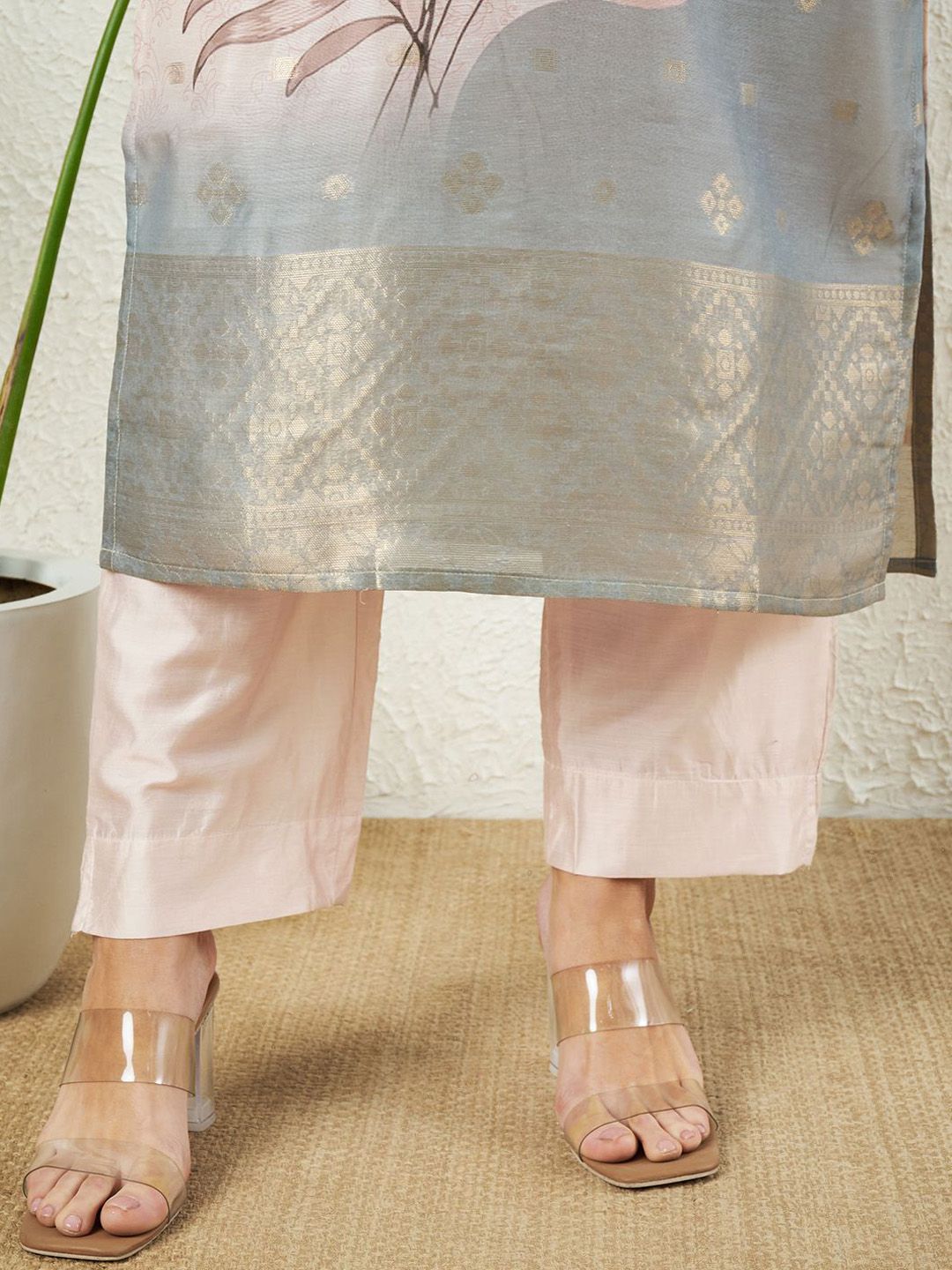 Label Khoj Women Silk Jacqured  Embroidery  Work Peach Color Kurta & Bottom With Dupatta  Set