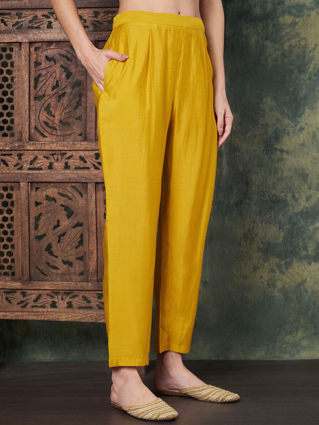 Label Khoj Women's Mustard Chanderi Embroidered Kurta with Pant and Mustard Dupatta