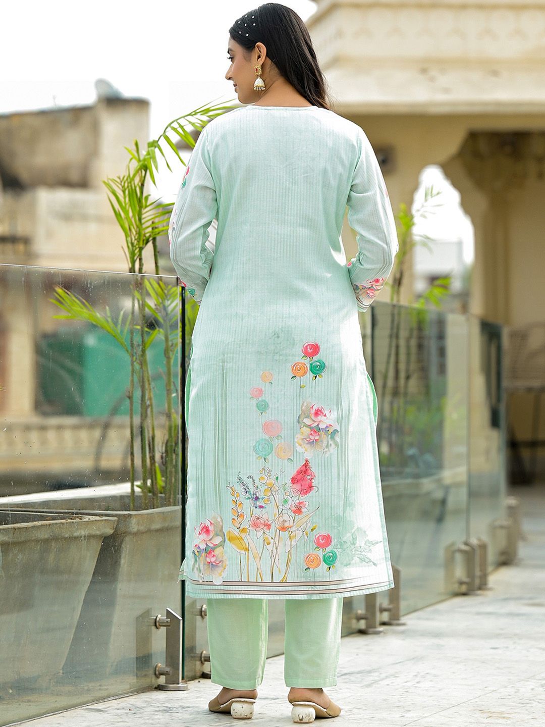 Label Khoj Women Lilen Print Kurta, Trouser And Dupptta Set Linen Green Color