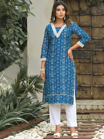 Label Khoj Women  Cotton  Embroidery Blue Color Kurta For Women