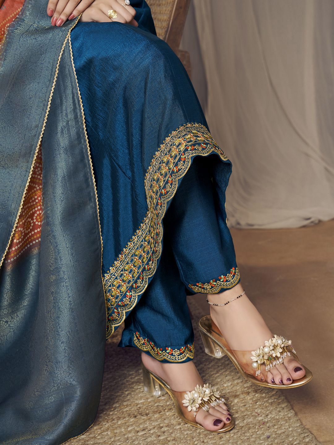 Label khoj Beautiful Anarkali kurta With Pant and Dupatta Set Blue Color