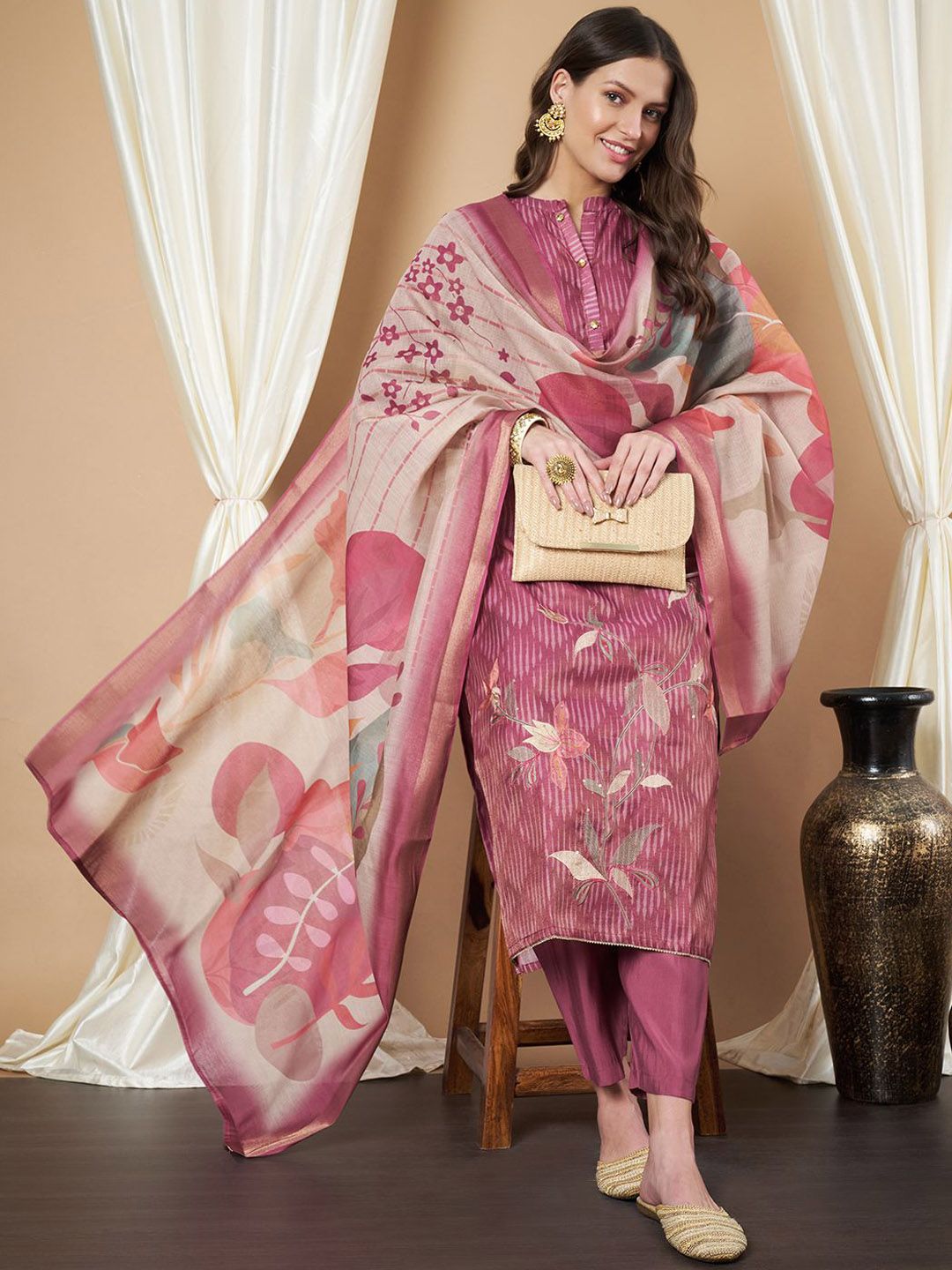 Label Khoj Women's Gajari Chanderi Button Embellished Kurta with Pant and Gajari Dupatta