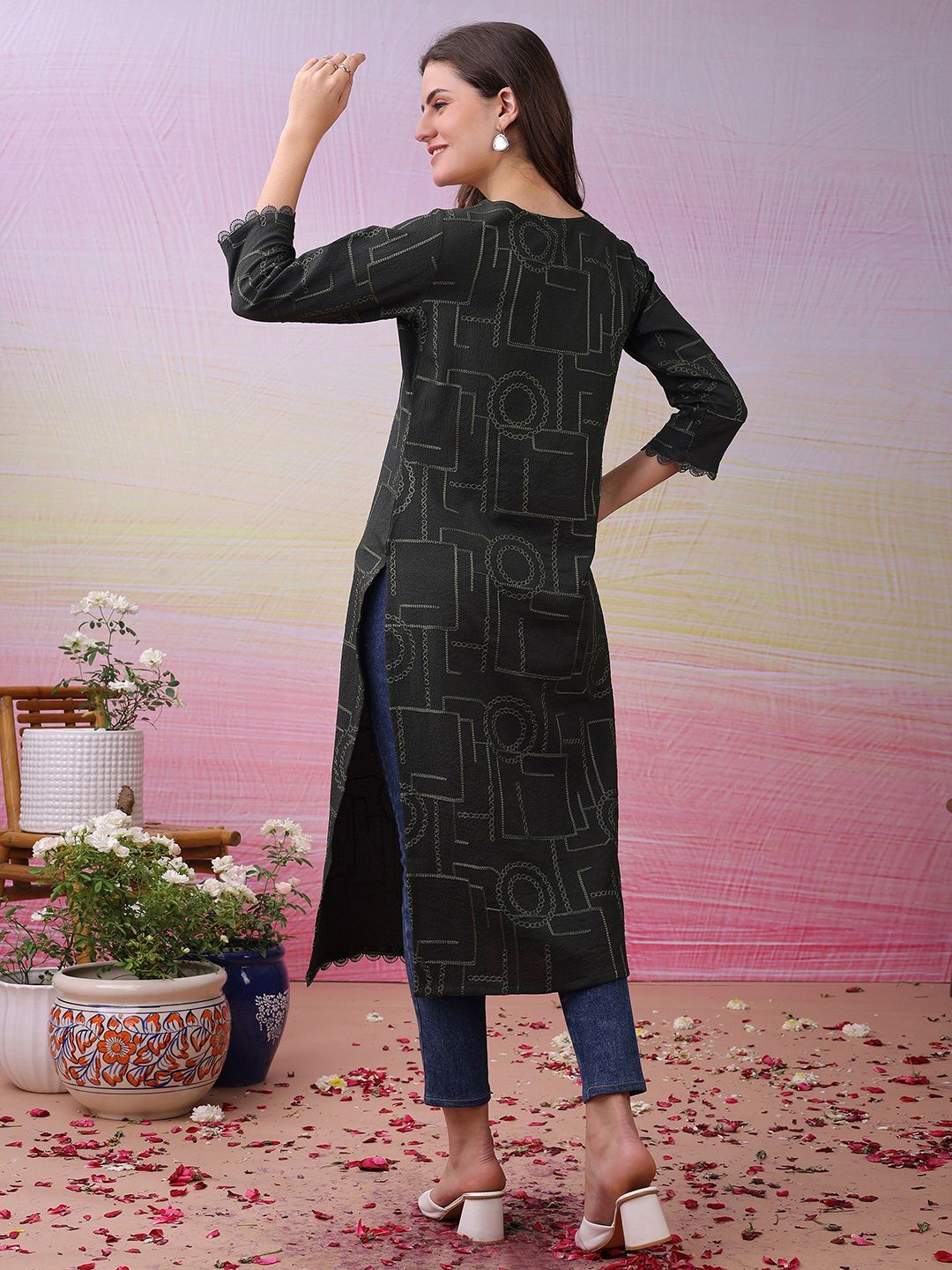 Label Khoj Women's Black Polyester Embroidered Kurta