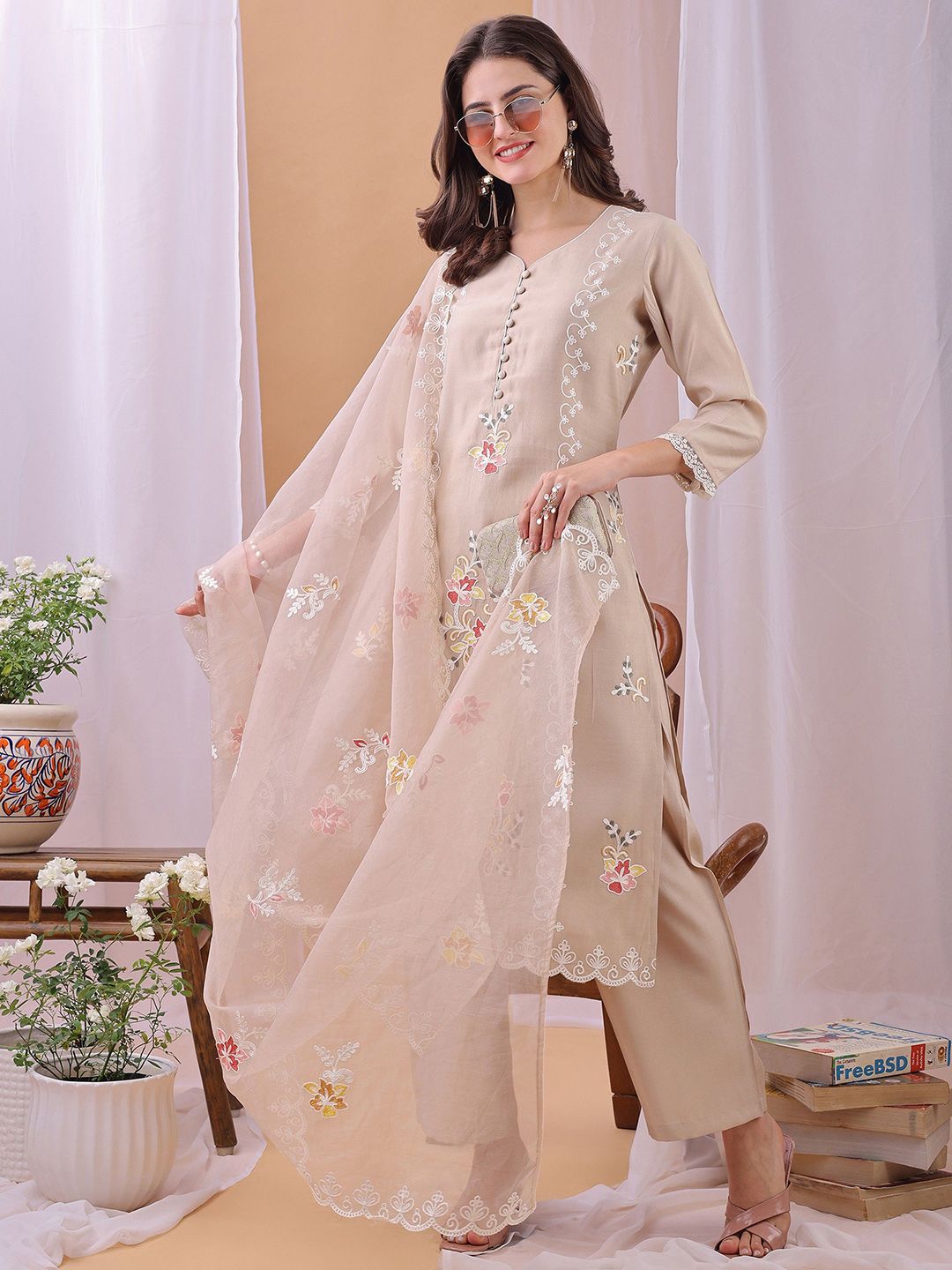 Label Khoj Women's Peach Silk Blend Thread Work Kurta with Pant and Peach Dupatta