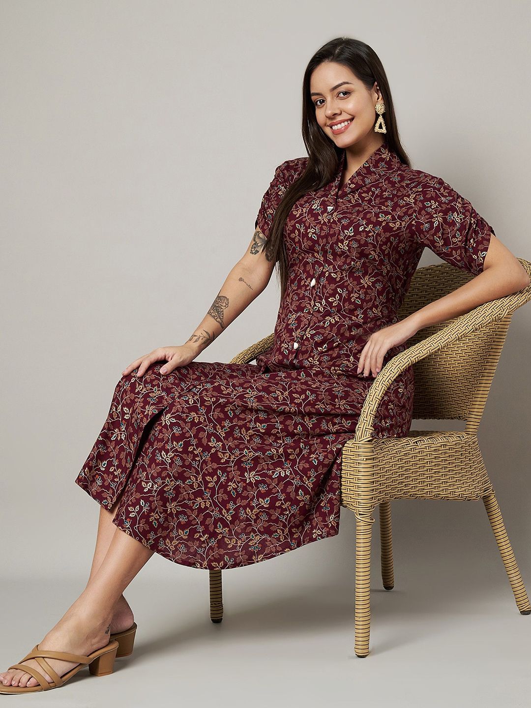 Label Khoj Women's Maroon Rayon Printed Midi Dress