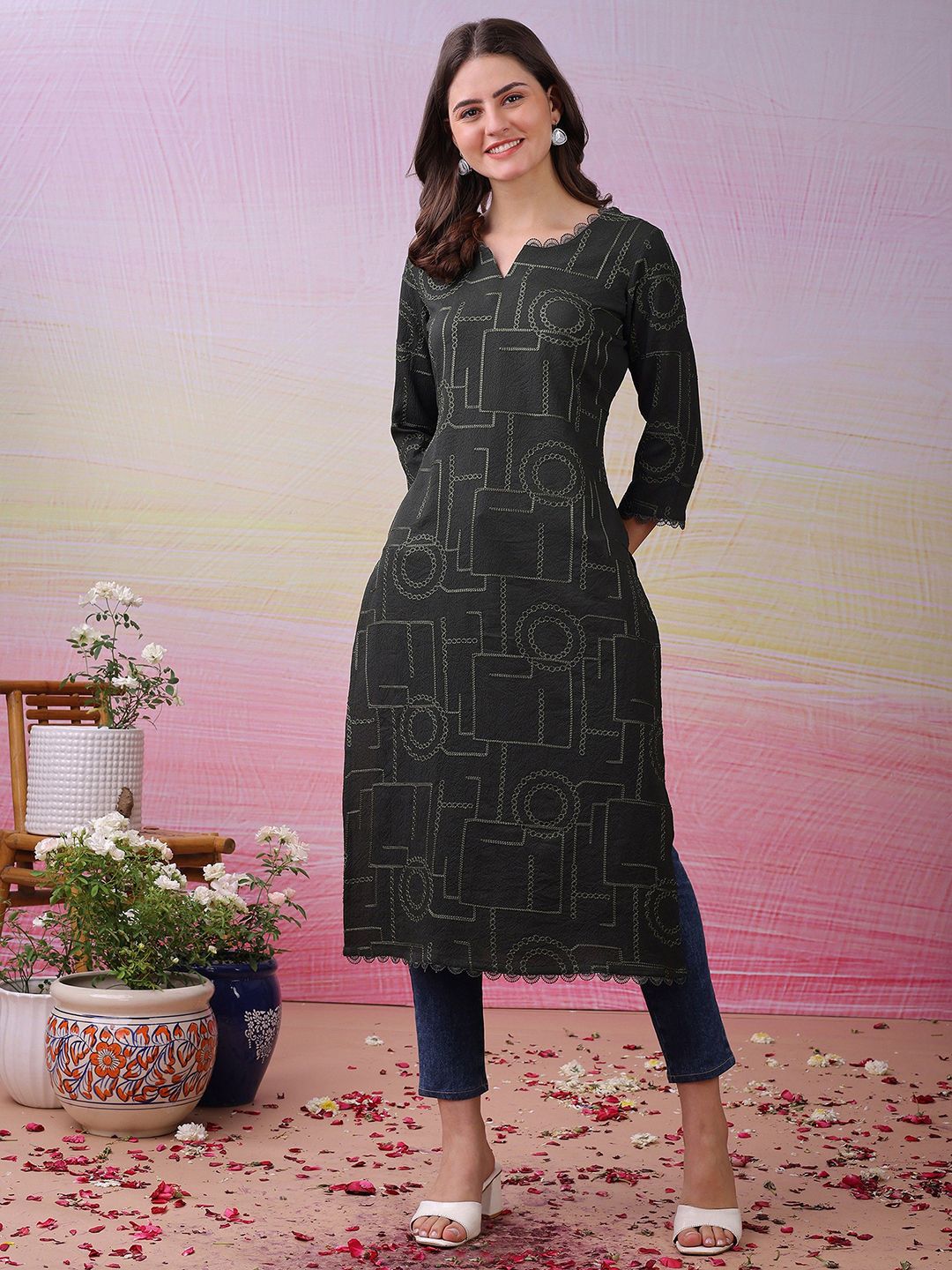 Label Khoj Women's Black Polyester Embroidered Kurta