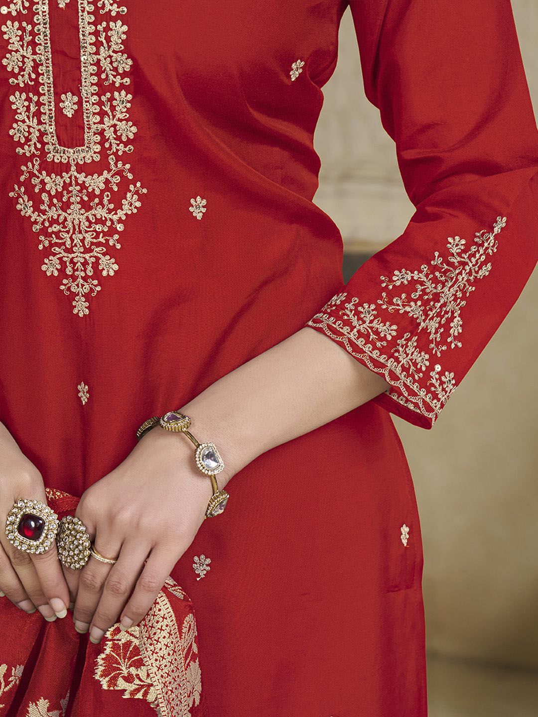 Label Khoj Women Roman Silk Embroidery  Work Red Color Kurta & Bottom With Dupatta  Set