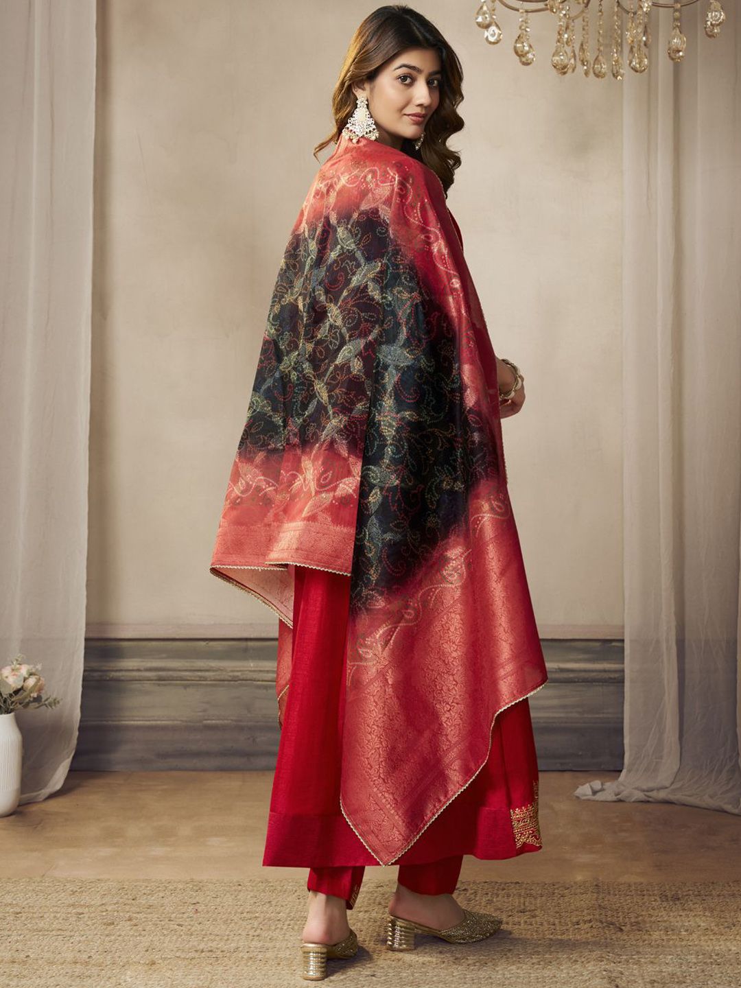 Label khoj Beautiful Anarkali kurta With Pant and Dupatta Set red Color