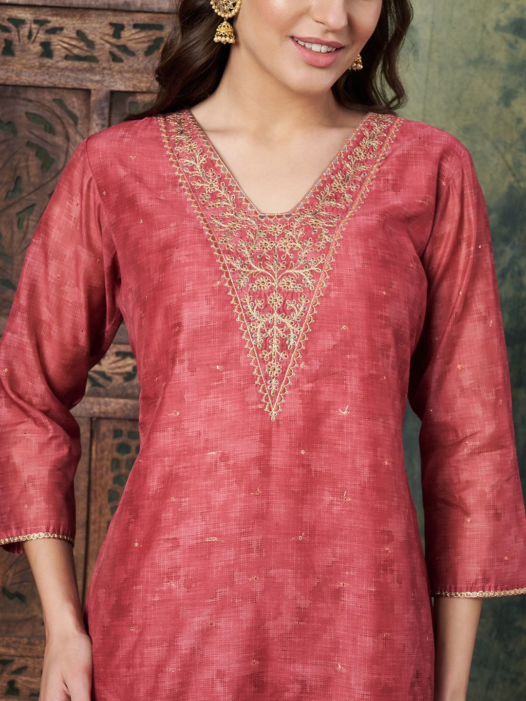Label Khoj Women's Red Chanderi Embroidered Kurta with Pant and Red Dupatta