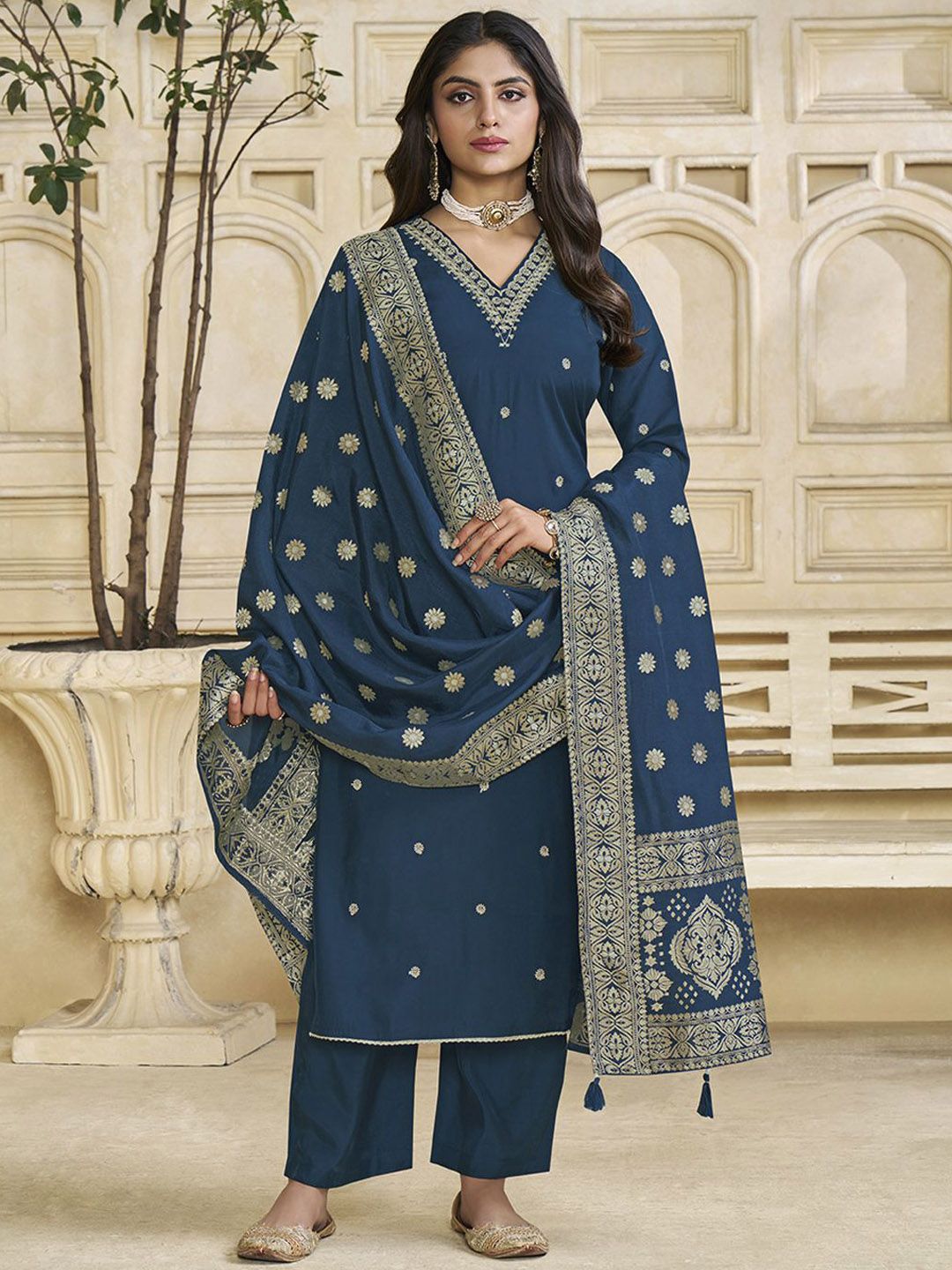 Label Khoj Women Roman Silk Embroidery  Work Blue Color Kurta & Bottom With Dupatta  Set
