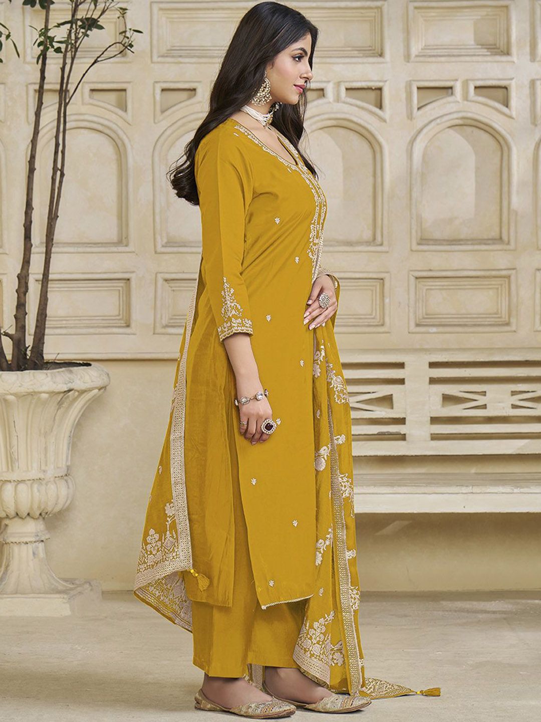 Label Khoj Women Roman Silk Embroidery  Work Yellow Color Kurta & Bottom With Dupatta  Set