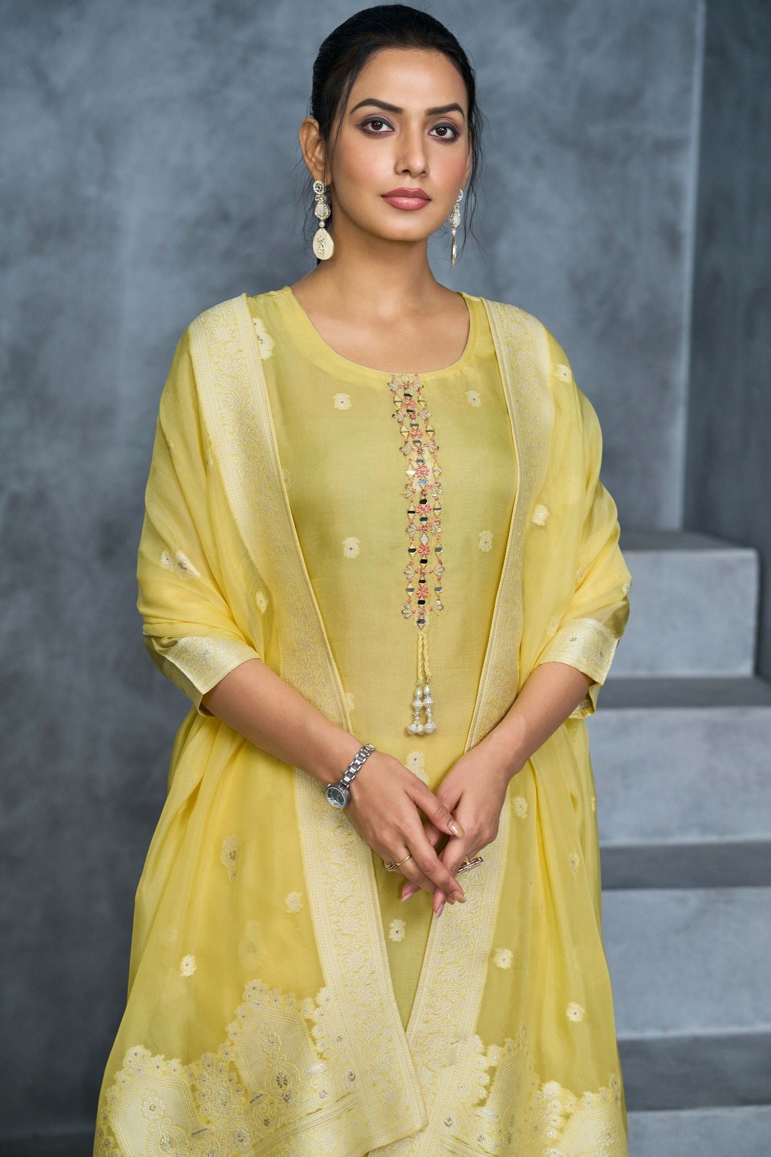 Label khoj Pure viscose organza jacqured with hand work kurta set