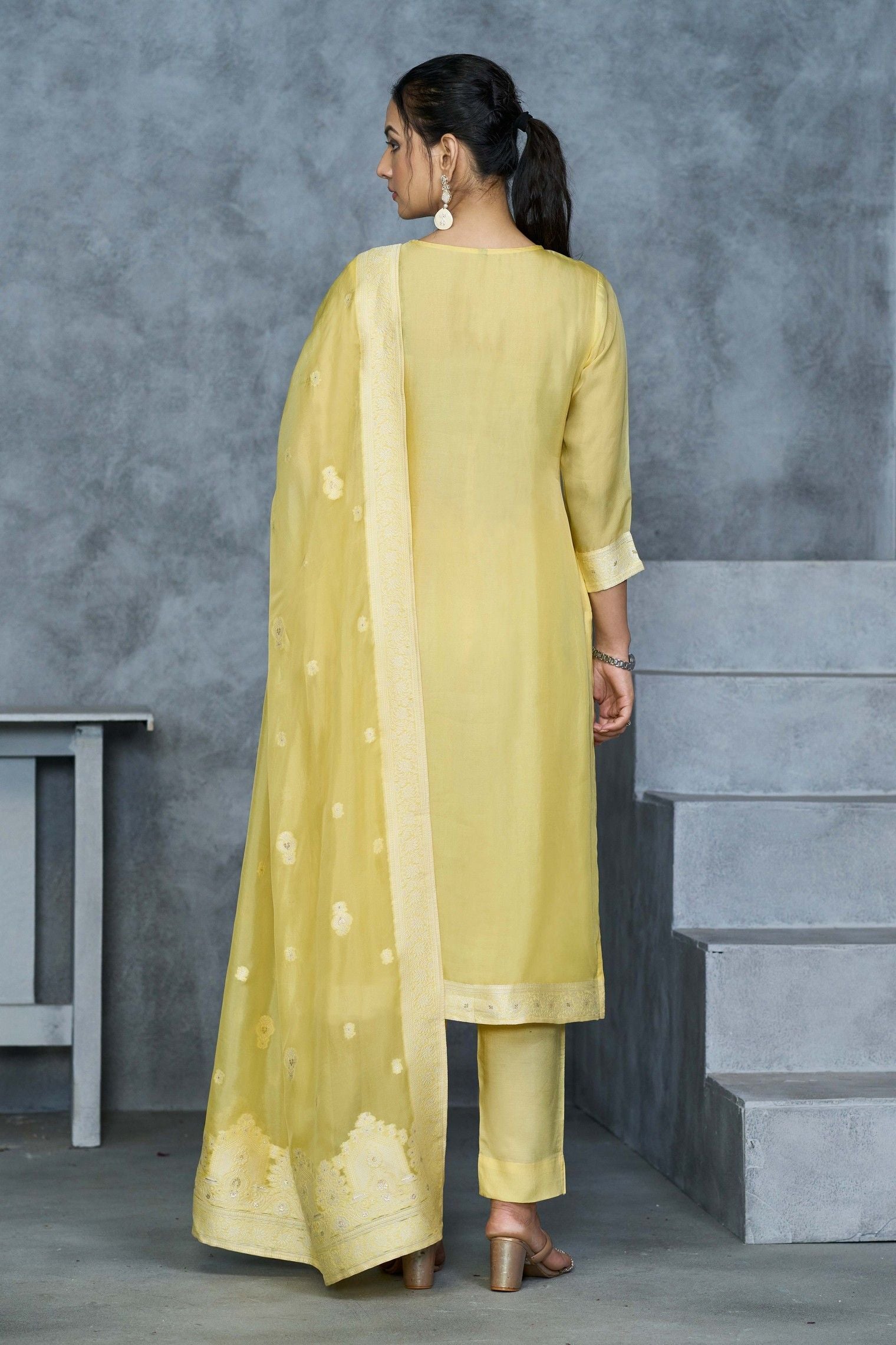 Label khoj Pure viscose organza jacqured with hand work kurta set