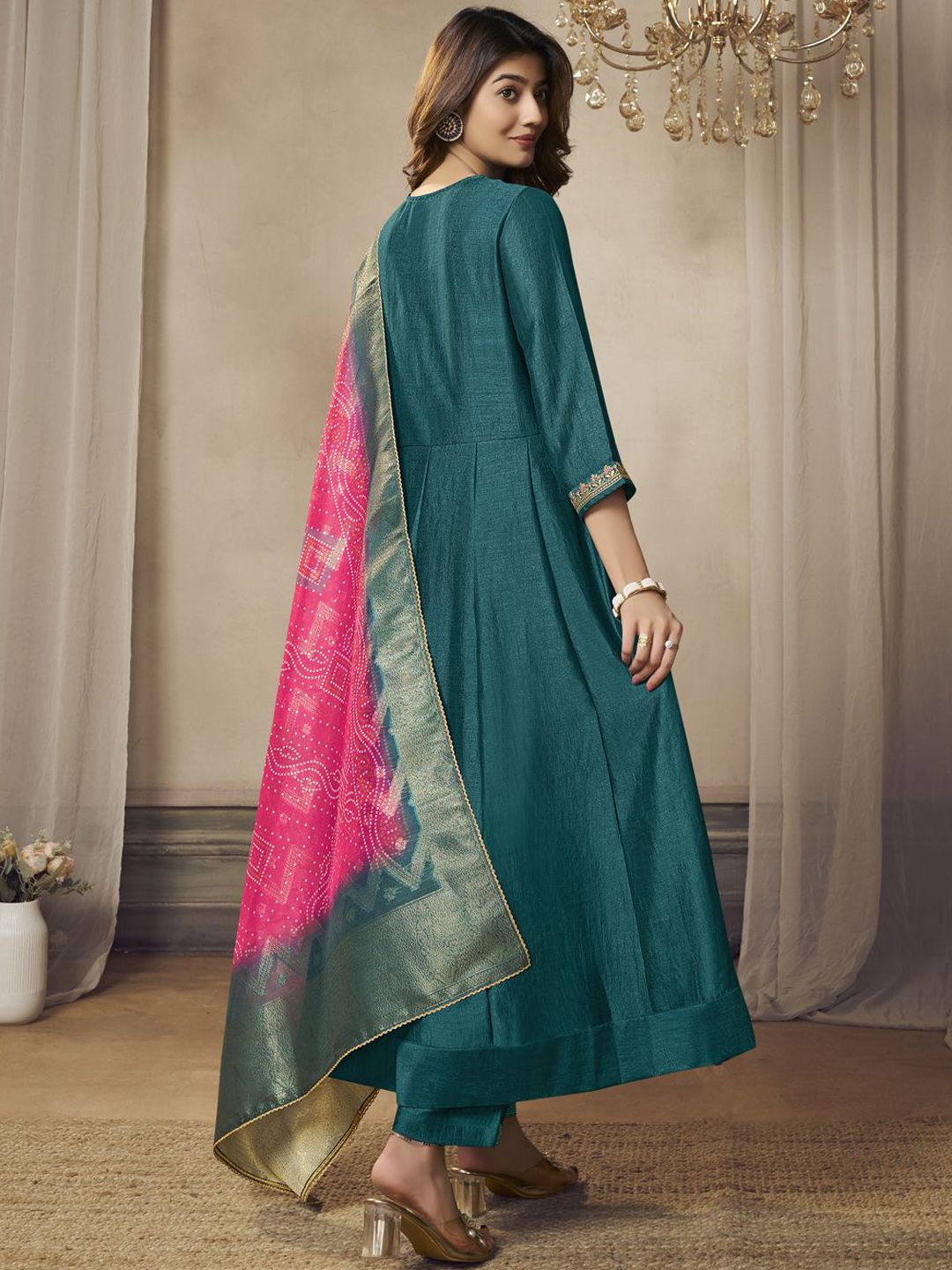 Label khoj Beautiful Anarkali kurta With Pant and Dupatta Set rama Color