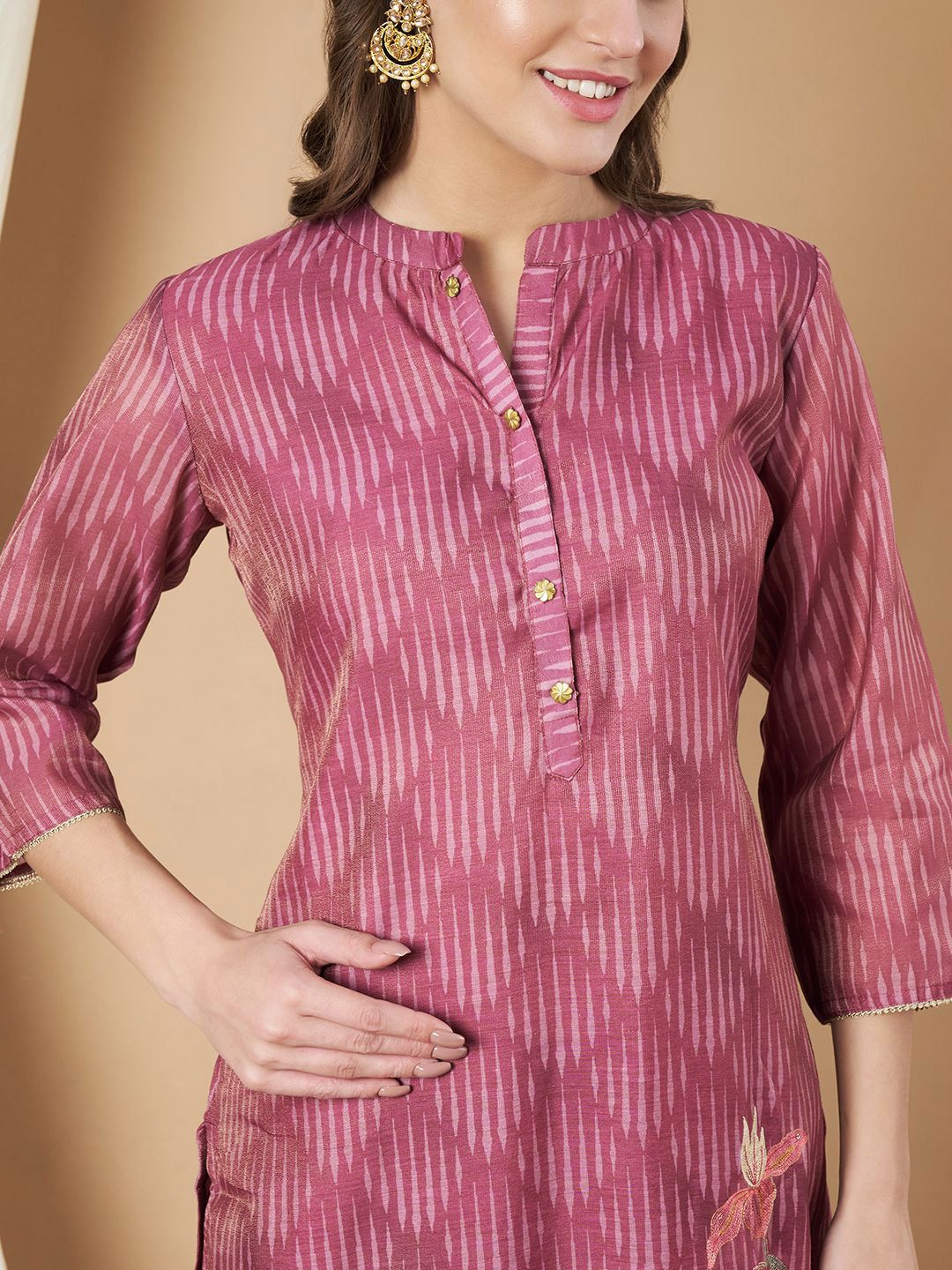 Label Khoj Women's Gajari Chanderi Button Embellished Kurta with Pant and Gajari Dupatta