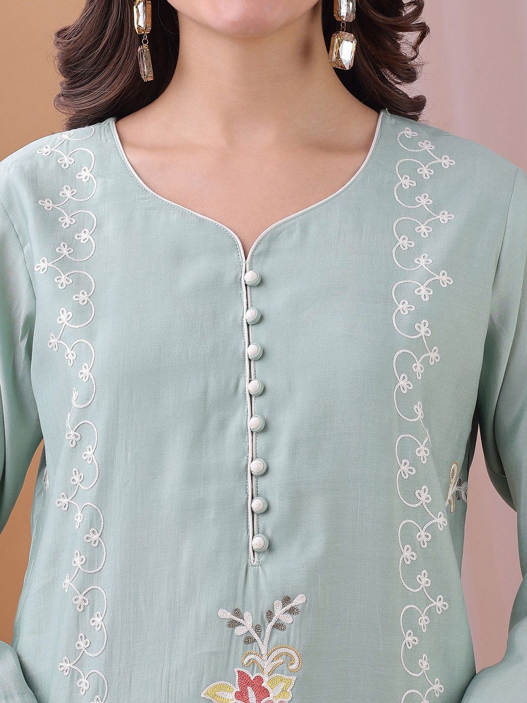 Label Khoj Women's Pista Silk Blend Thread Work Kurta with Pant and Pista Dupatta