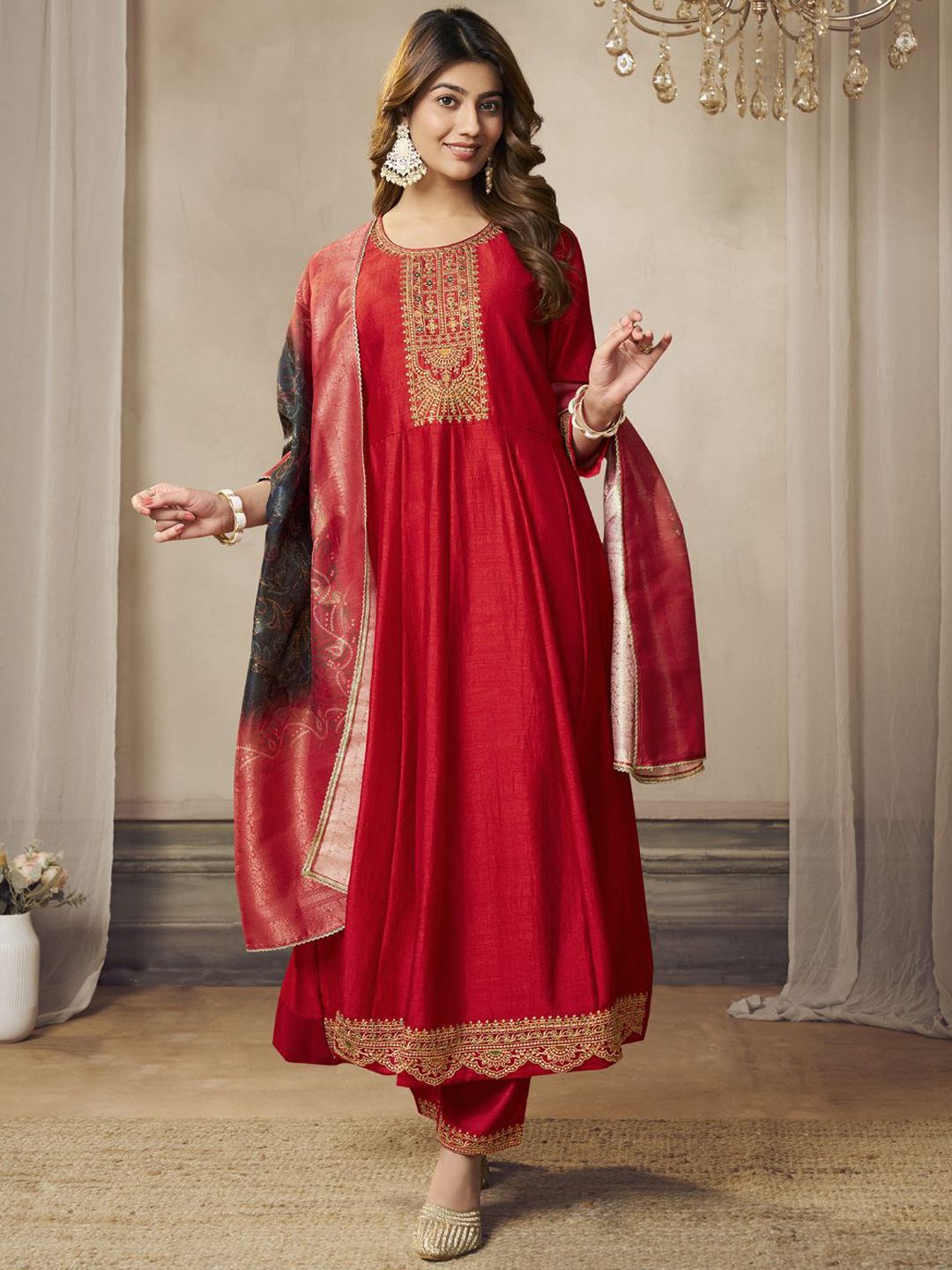 Label khoj Beautiful Anarkali kurta With Pant and Dupatta Set red Color