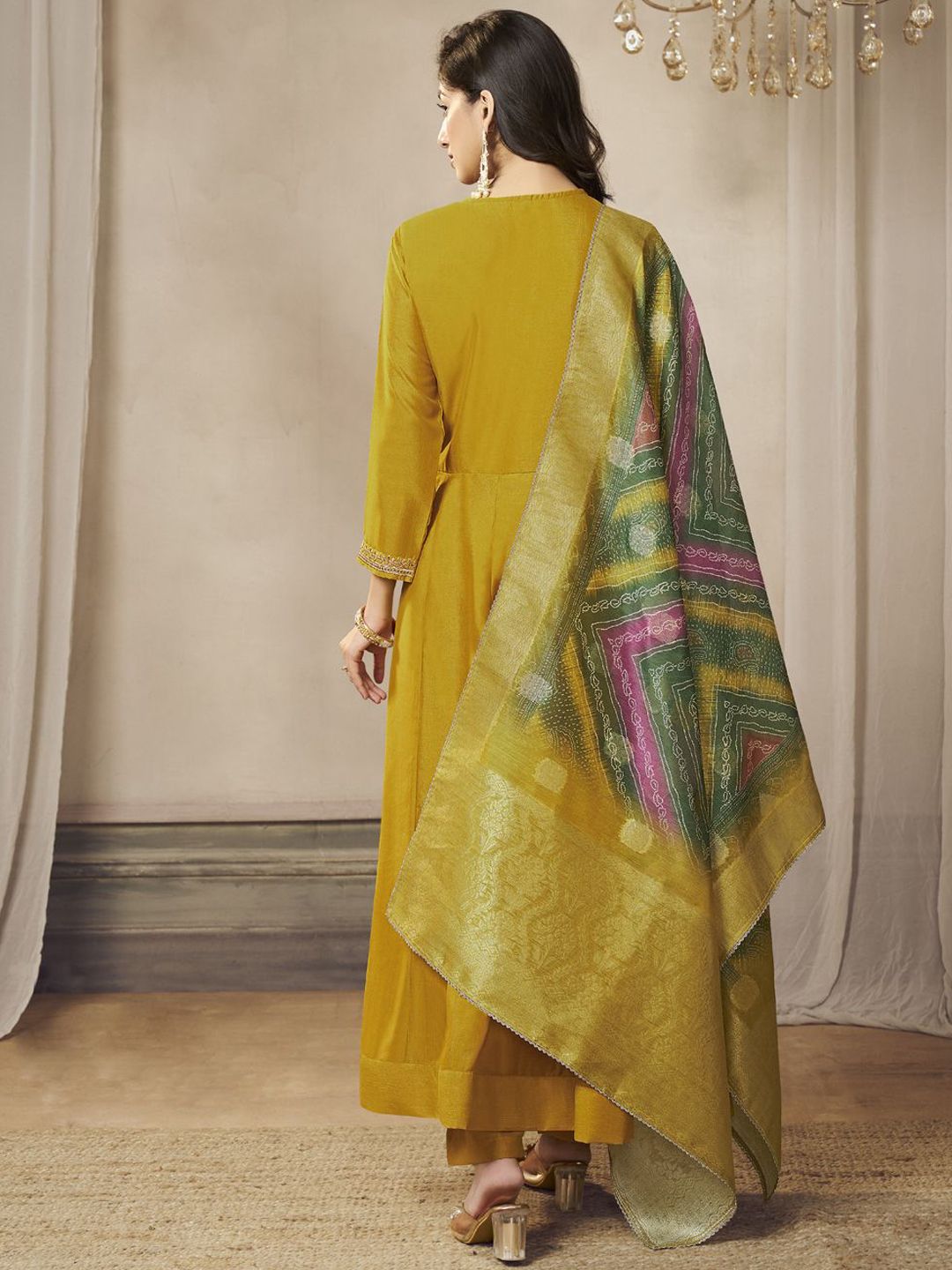 Label khoj Beautiful Anarkali kurta With Pant and Dupatta Set mustard  Color