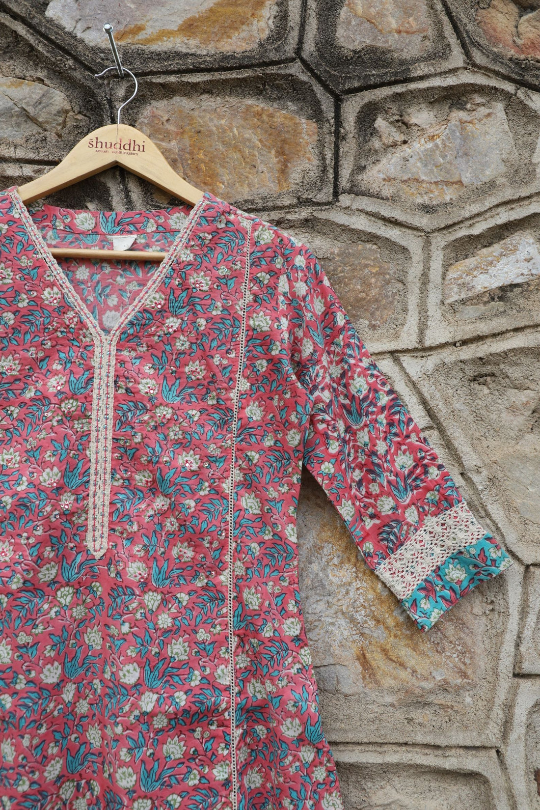 Flamingo Pink With Turquoise Green A-Line Kurta