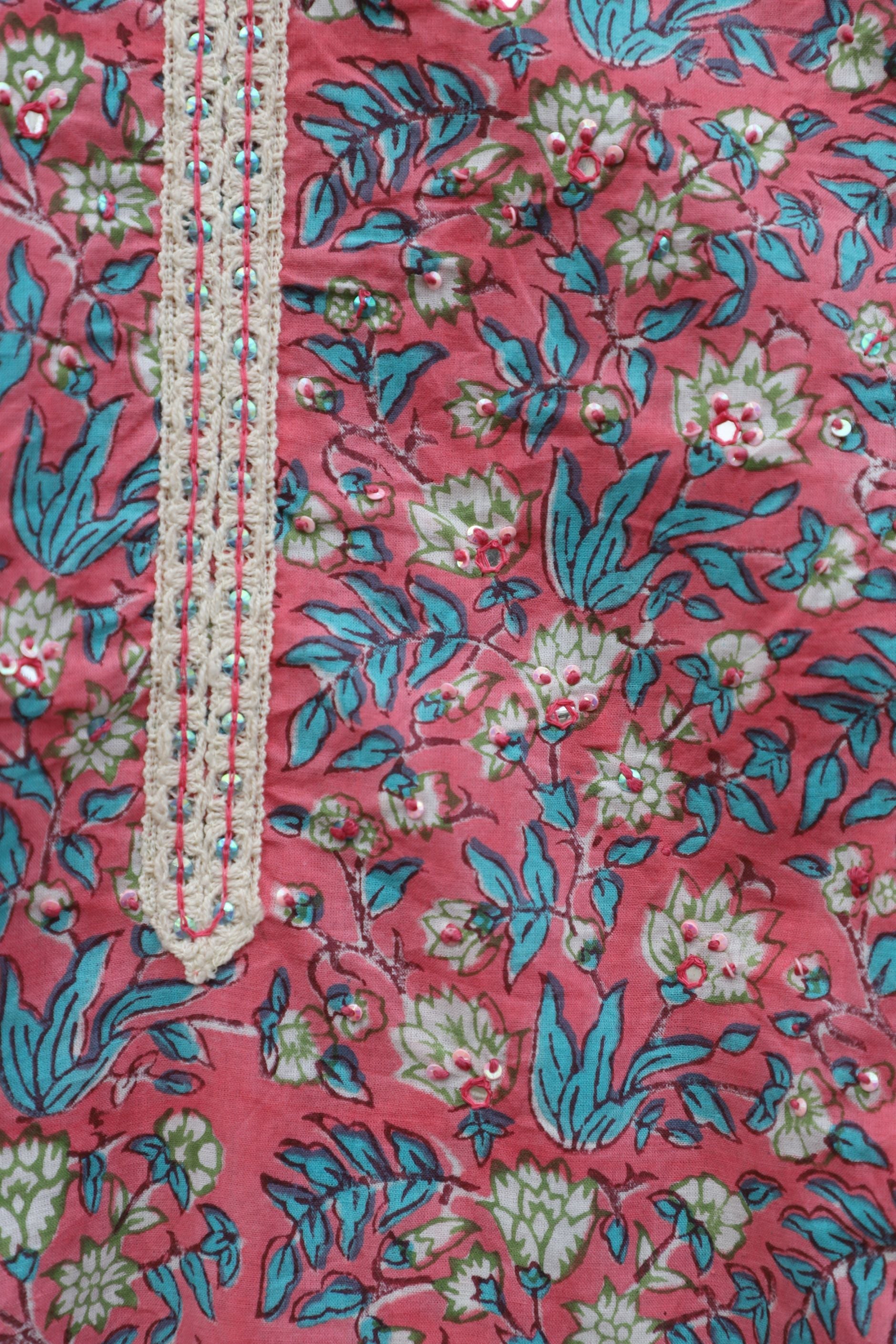Flamingo Pink With Turquoise Green A-Line Kurta