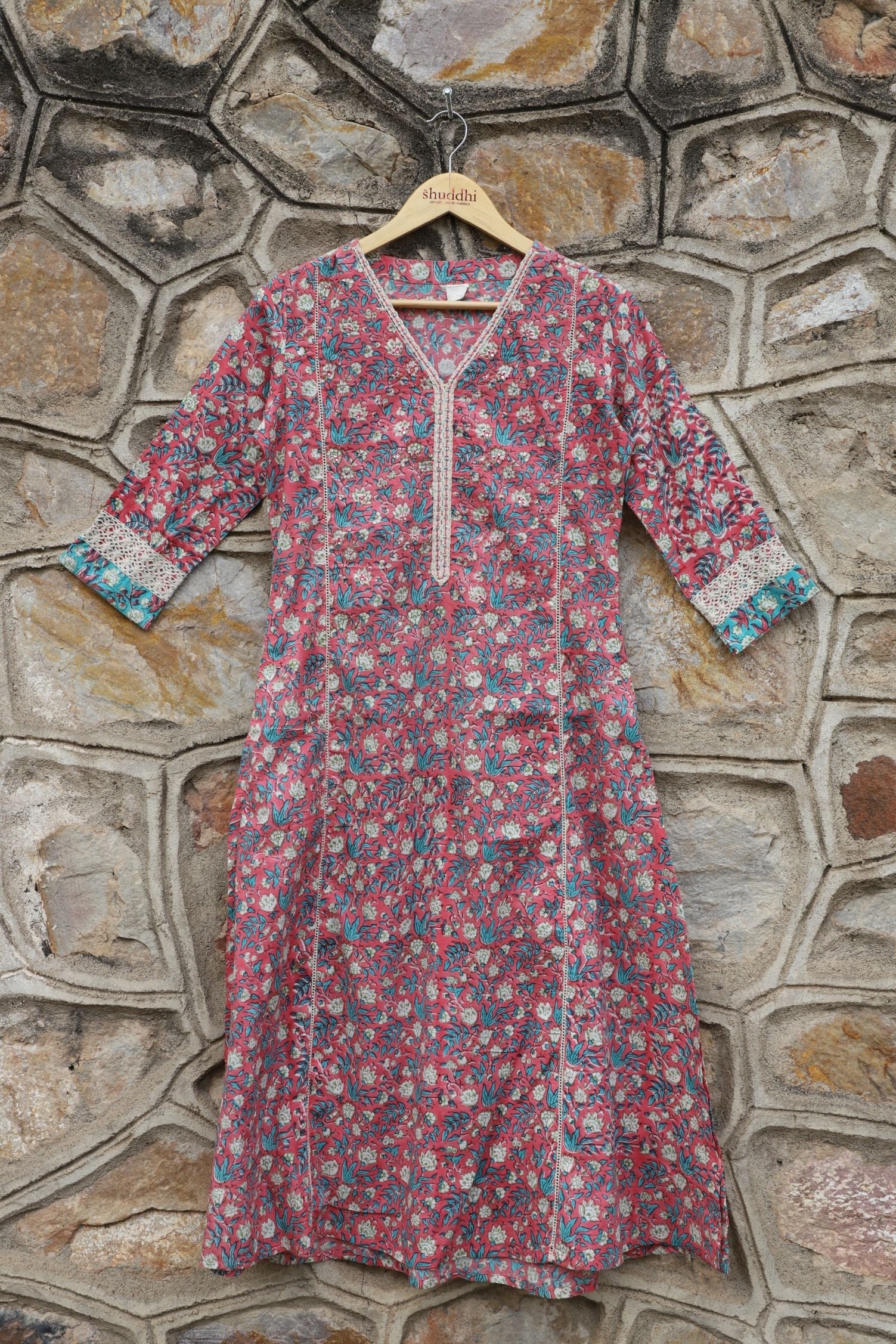 Flamingo Pink With Turquoise Green A-Line Kurta