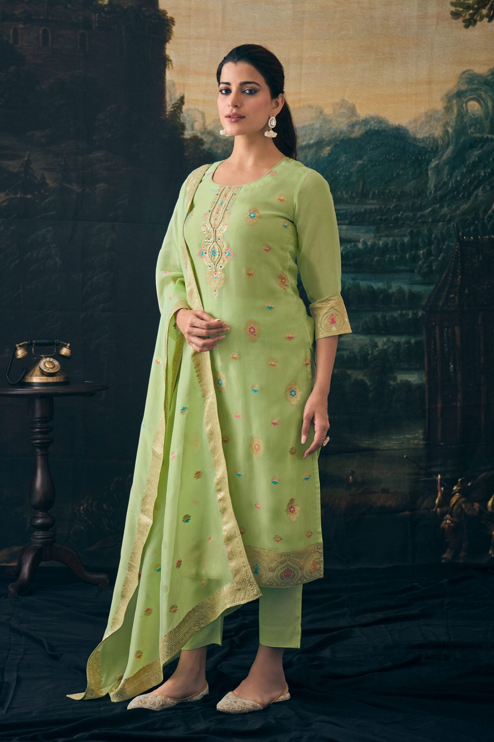Label khoj Women pure jacquard kurta, trouser and dupptta set