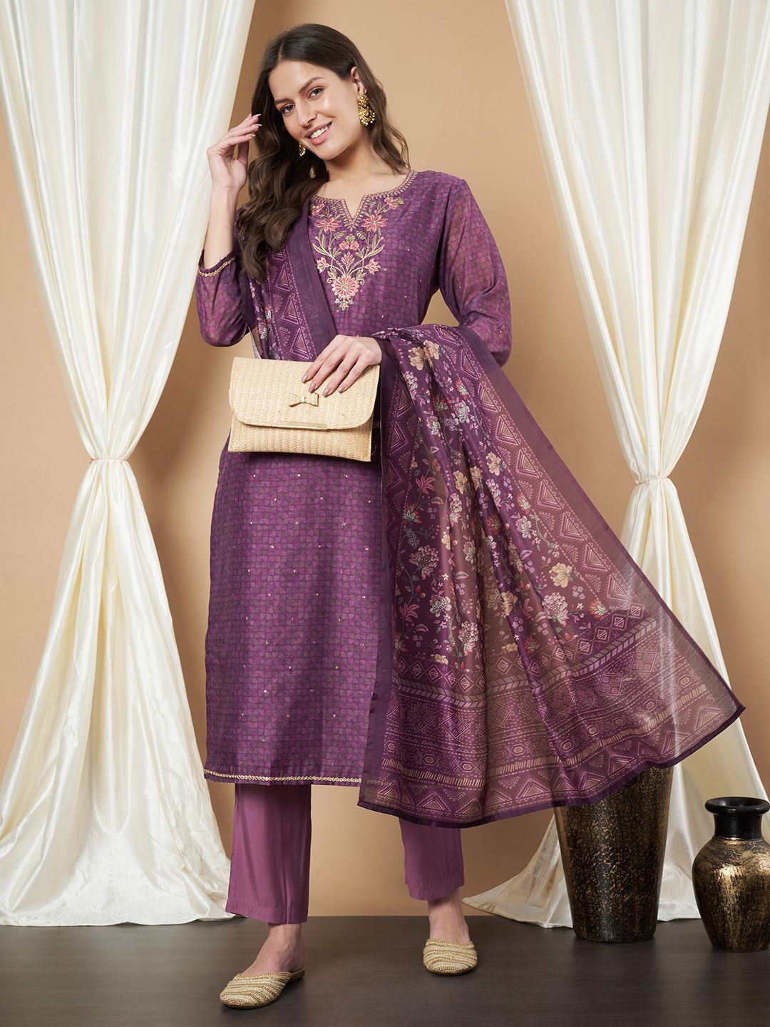 Label Khoj Women's Violet Chanderi Embroidered Kurta with Pant and Violet Dupatta