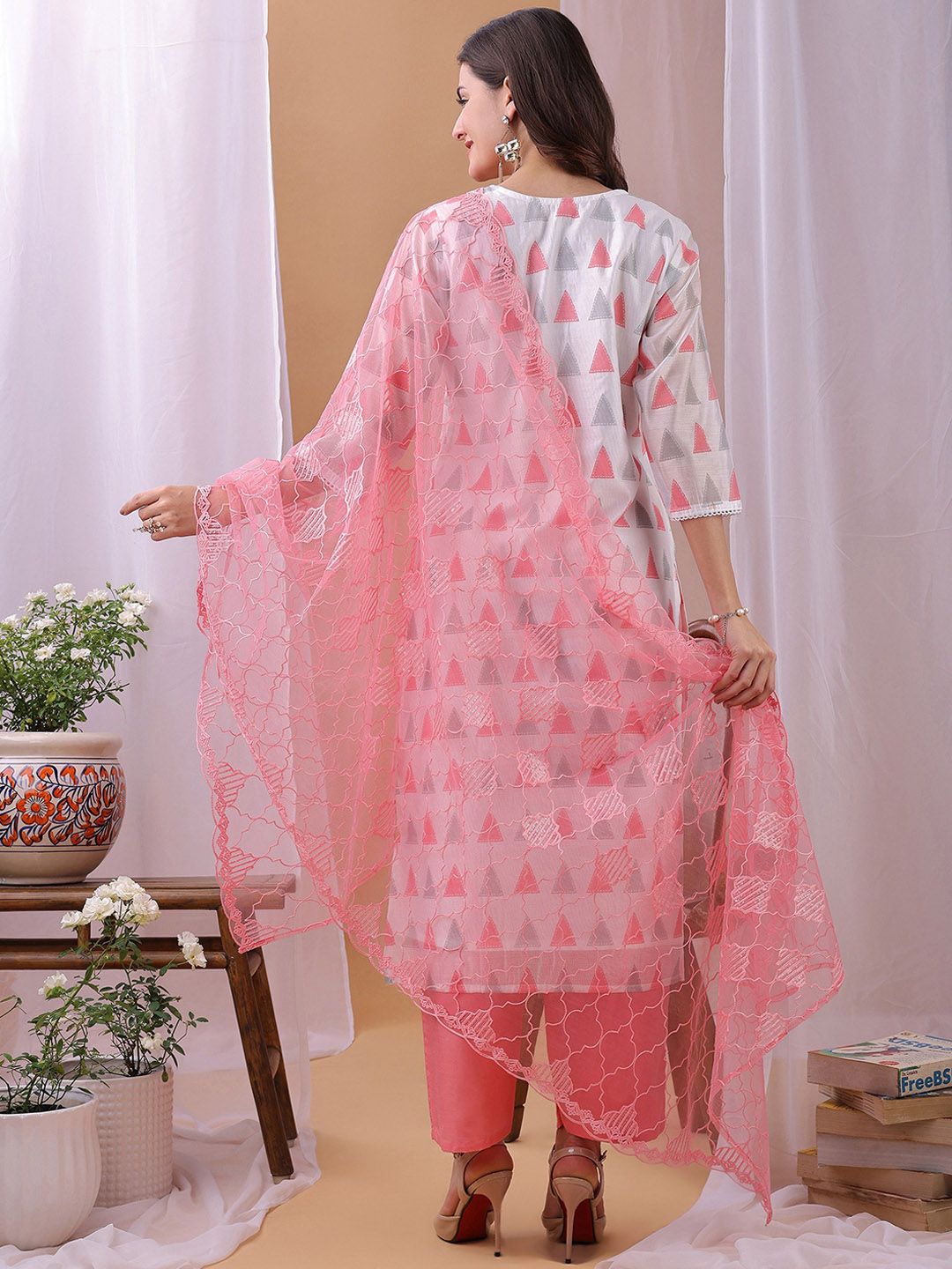 Label Khoj Women's White & Pink Chanderi Embroidered Kurta with Pant and Pink Dupatta