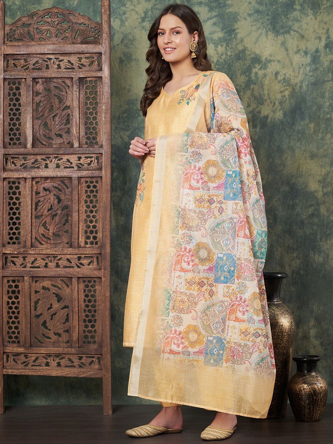 Label Khoj Women's Yellow Chanderi Embroidered Kurta with Pant and Yellow Dupatta