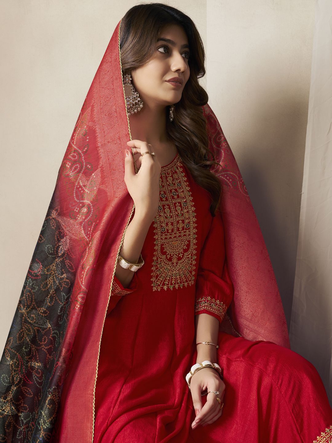 Label khoj Beautiful Anarkali kurta With Pant and Dupatta Set red Color