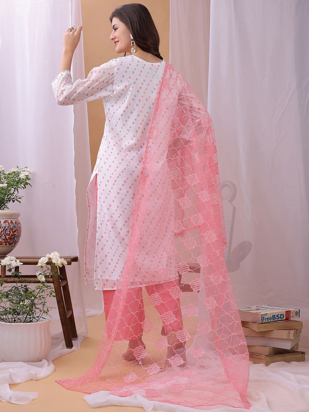 Label Khoj Women's White & Pink Chanderi Embroidered Kurta with Pant and Pink Dupatta