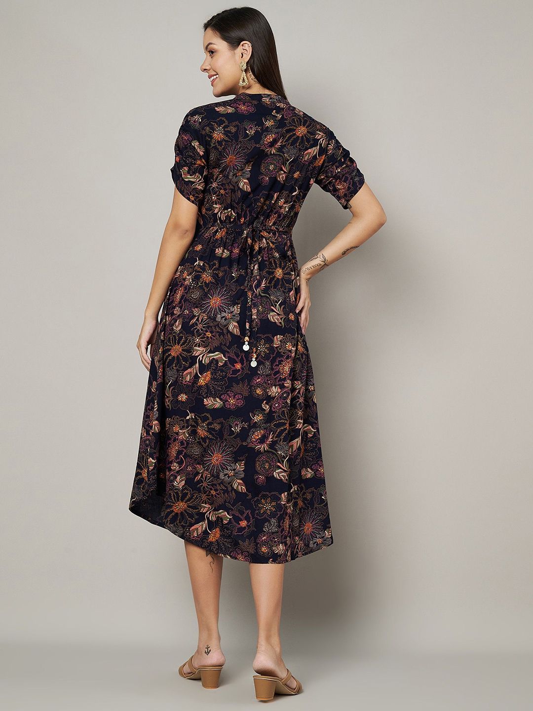 Label Khoj Women's Blue Rayon Floral Printed Midi Dress