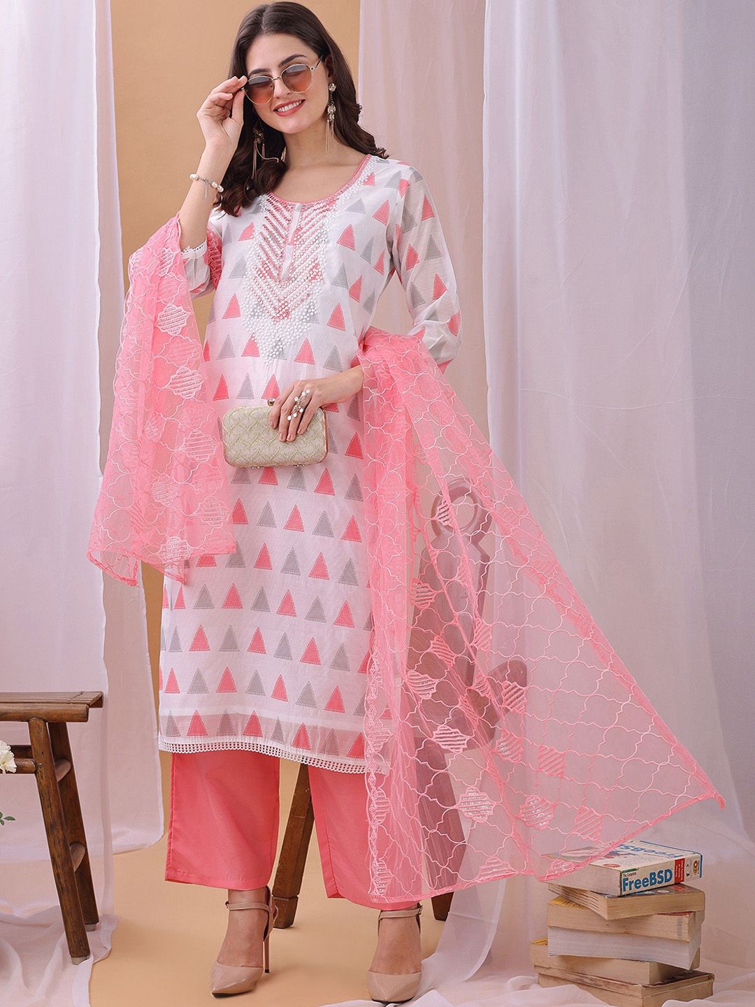 Label Khoj Women's White & Pink Chanderi Embroidered Kurta with Pant and Pink Dupatta