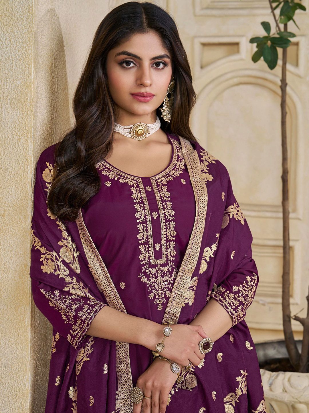 Label Khoj Women Roman Silk Embroidery  Work Voilet Color Kurta & Bottom With Dupatta  Set