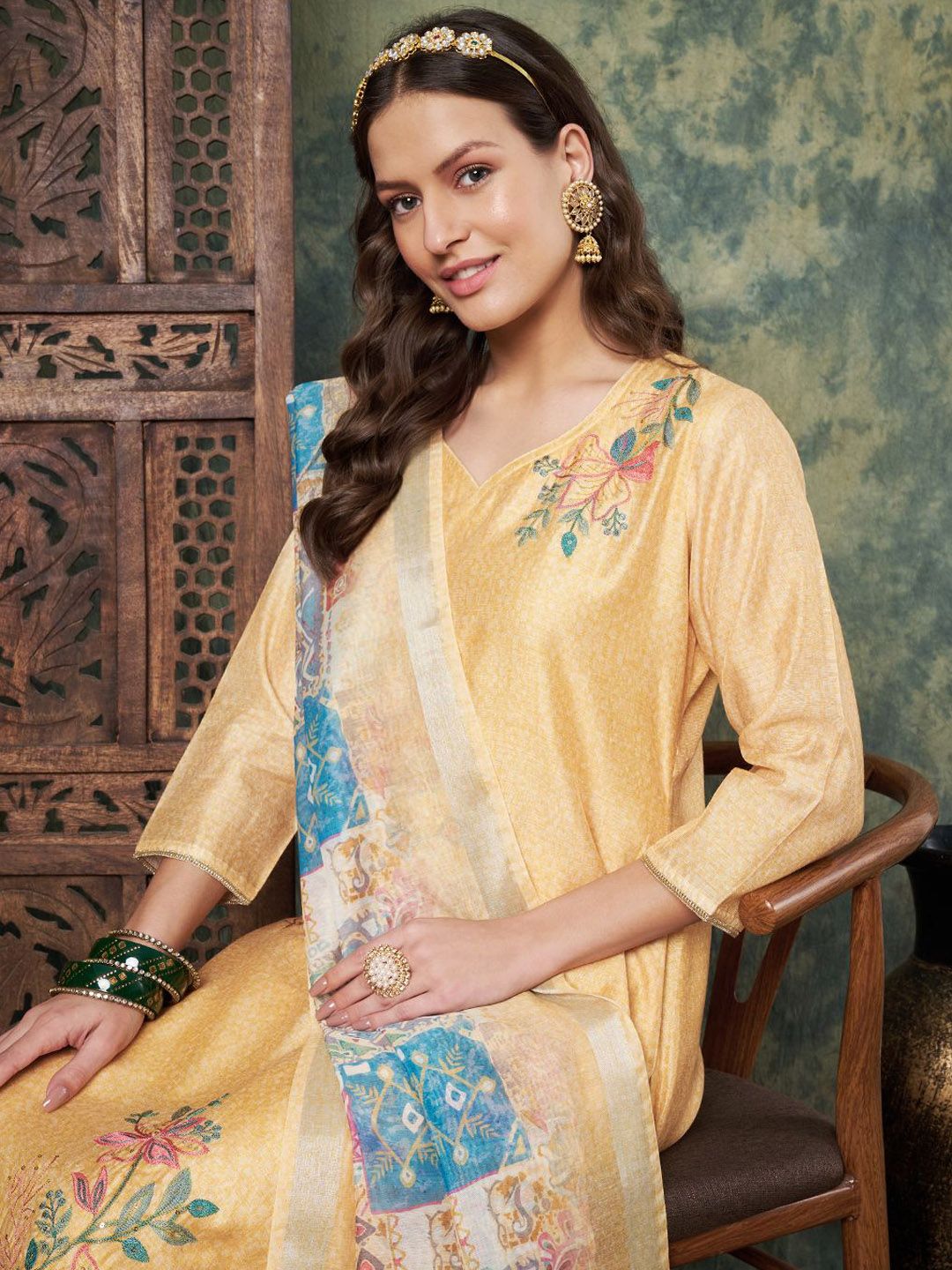 Label Khoj Women's Yellow Chanderi Embroidered Kurta with Pant and Yellow Dupatta