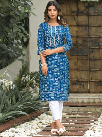 Label Khoj Women  Cotton  Lace Blue Color Kurta For Women