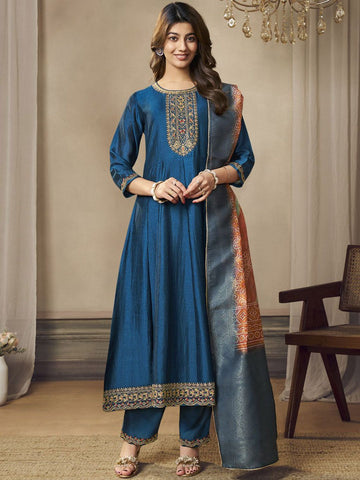 Label khoj Beautiful Anarkali kurta With Pant and Dupatta Set Blue Color
