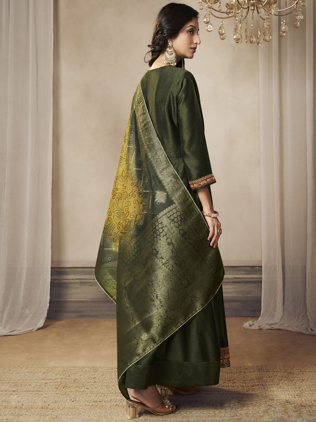 Label khoj Beautiful Anarkali kurta With Pant and Dupatta Set mahndi Color
