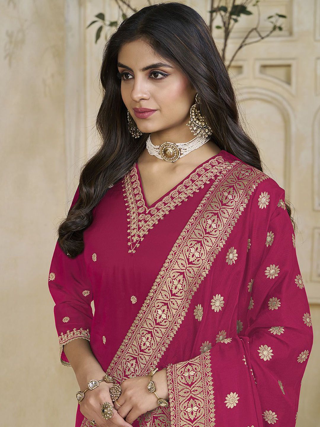 Label Khoj Women Roman Silk Embroidery  Work Rani Color Kurta & Bottom With Dupatta  Set