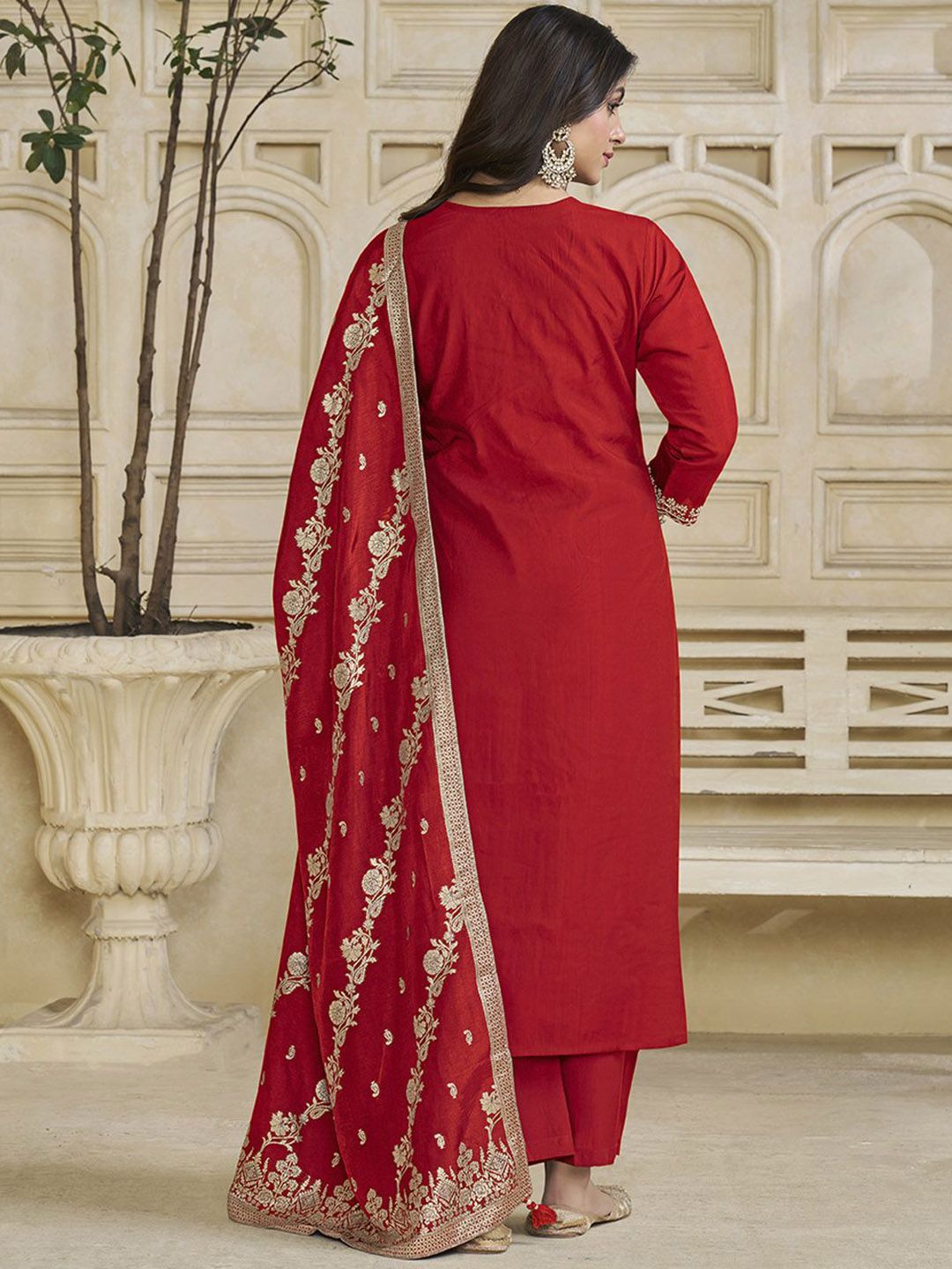 Label Khoj Women Roman Silk Embroidery  Work Red Color Kurta & Bottom With Dupatta  Set